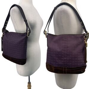 Vintage Y2k Coach Jacquard Logo Shoulder Bag Purse Canvas Suede Zip Top Purple